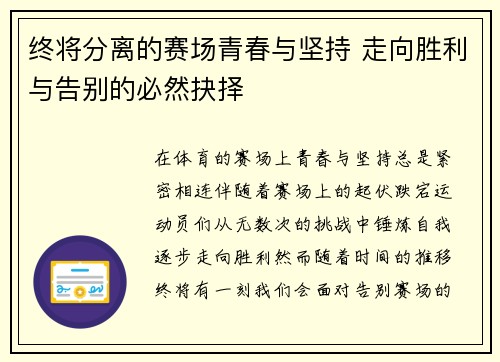 终将分离的赛场青春与坚持 走向胜利与告别的必然抉择