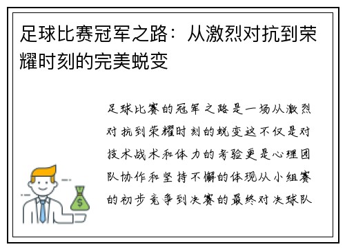足球比赛冠军之路：从激烈对抗到荣耀时刻的完美蜕变