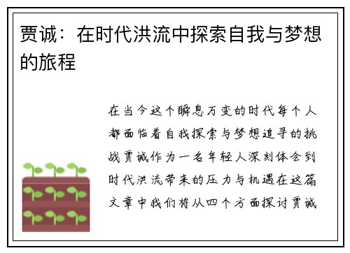 贾诚：在时代洪流中探索自我与梦想的旅程