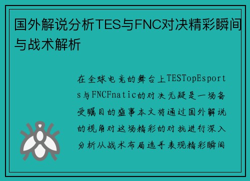 国外解说分析TES与FNC对决精彩瞬间与战术解析